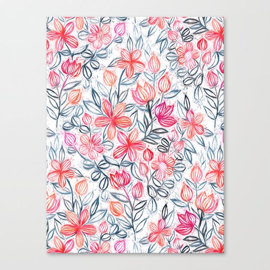 Coral and Grey Candy Striped Crayon Floral Canvas Print