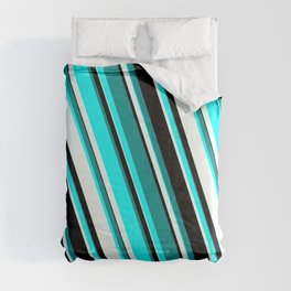 [ Thumbnail: Dark Cyan, Aqua, Mint Cream, and Black Colored Striped Pattern Comforter ]