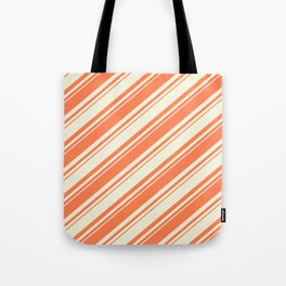 [ Thumbnail: Coral and Beige Colored Lined/Striped Pattern Tote Bag ]