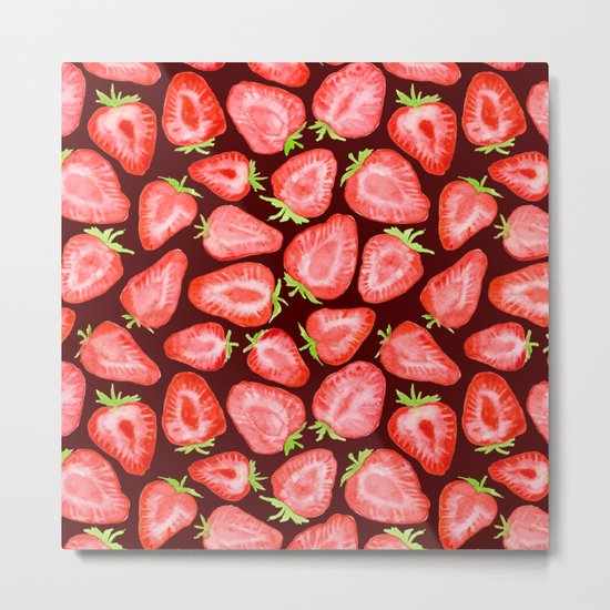 Fresh strawberry slices watercolor dark bg Metal Print
