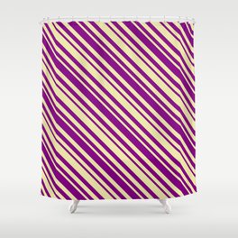 [ Thumbnail: Pale Goldenrod and Purple Colored Lined Pattern Shower Curtain ]
