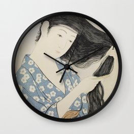 Woman in Blue Combing Her Hair - Hashiguchi Goyo Wall Clock | Japanese, Beautiful, Hair, Brush, Hashiguchi, Drawing, Woman, Comb, Woodblock, Print 
