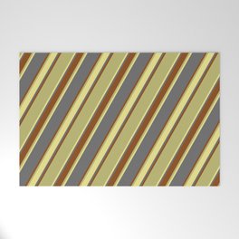 [ Thumbnail: Dim Grey, Brown, Dark Khaki, and Tan Colored Lined/Striped Pattern Welcome Mat ]