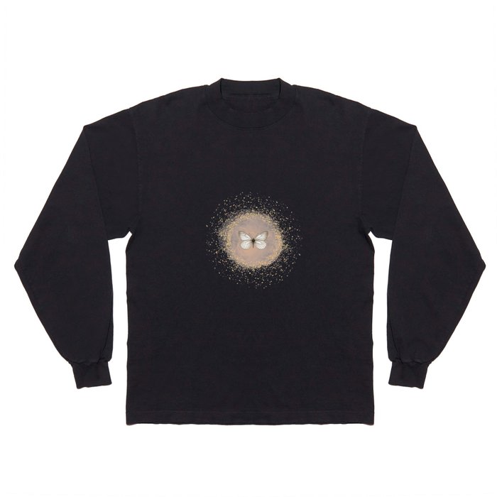 Hand-Drawn Butterfly and Gold Circle Frame on White Long Sleeve T Shirt