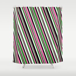 [ Thumbnail: Hot Pink, Forest Green, Mint Cream & Black Colored Stripes Pattern Shower Curtain ]
