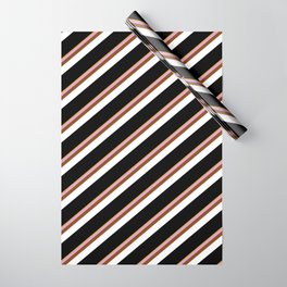 [ Thumbnail: Eye-catching Goldenrod, Plum, Brown, White & Black Colored Stripes Pattern Wrapping Paper ]
