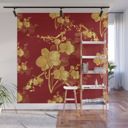 Gold & Maroon Floral Orchid Pattern Wall Mural