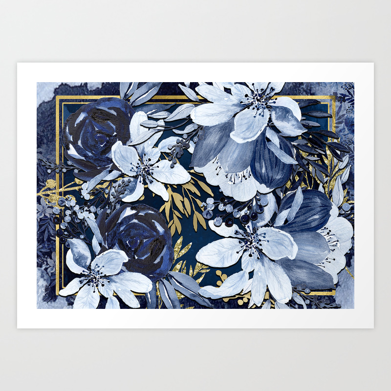 Navy Blue Gold Watercolor Floral Art Print By Christyne Society6