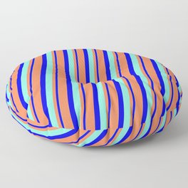[ Thumbnail: Coral, Blue & Aquamarine Colored Striped/Lined Pattern Floor Pillow ]