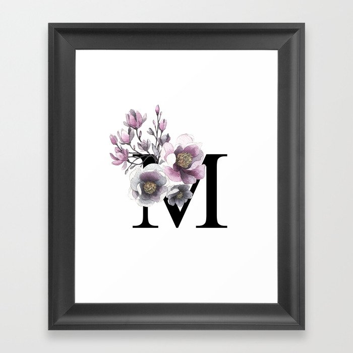 Letter 'M' Magnolia Flower Typography Framed Art Print