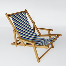 [ Thumbnail: Sea Green, Beige, Black & Medium Slate Blue Colored Stripes Pattern Sling Chair ]