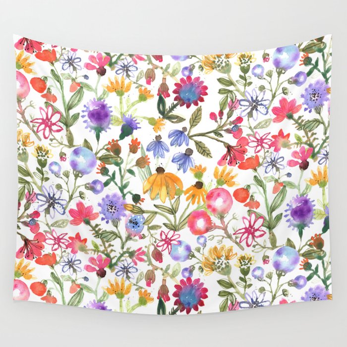 Colorful Watercolor Flowers Wall Tapestry