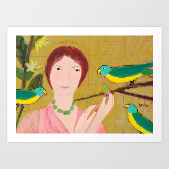 Woman with Parrots Art Print