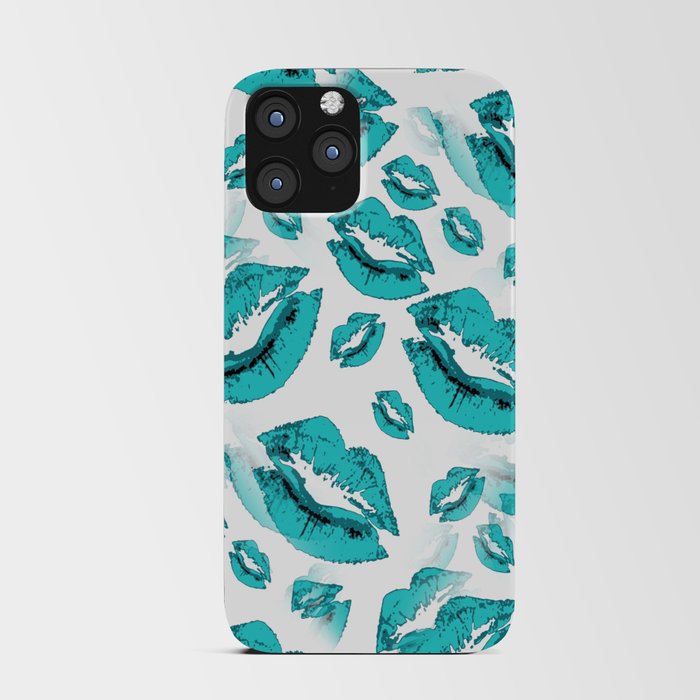 Two Kisses Collided Turquoise Lips Pattern On White Background iPhone Card Case