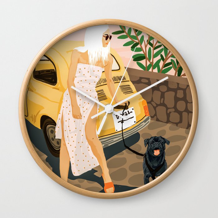 Tour, Pet Dog Walk, Italy Summer Fashion Woman, Animal Illustration, Travel Bohemian Cooper Painting Wall Clock