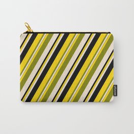 [ Thumbnail: Yellow, Green, Beige, and Black Colored Lines/Stripes Pattern Carry-All Pouch ]