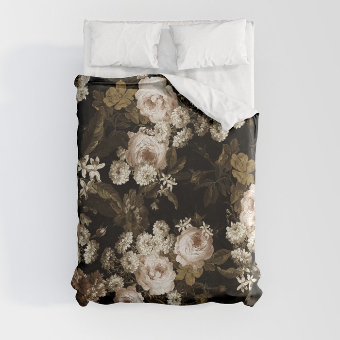 Antique Botanical Sepia Roses And Chamomile Midnight Garden Duvet Cover