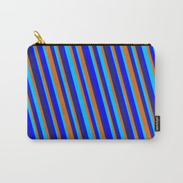 [ Thumbnail: Midnight Blue, Chocolate, Deep Sky Blue & Blue Colored Striped/Lined Pattern Carry-All Pouch ]
