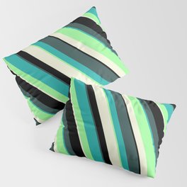 [ Thumbnail: Colorful Dark Slate Gray, Light Sea Green, Green, Beige, and Black Colored Stripes Pattern Pillow Sham ]