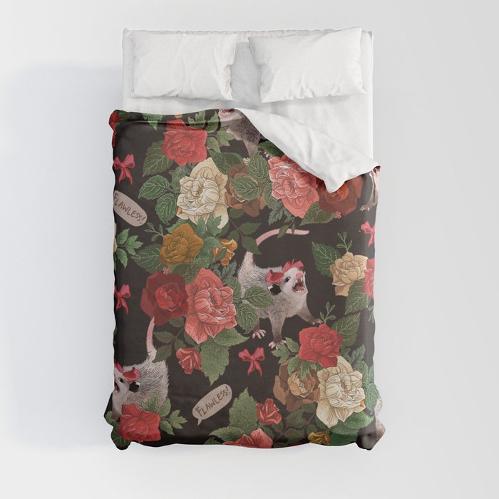 Opossum Floral Pattern (with text) Duvet Cover