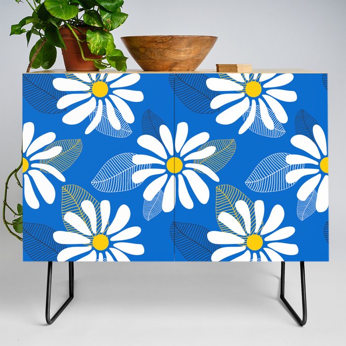 White daisies on a blue background Credenza