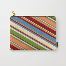 [ Thumbnail: Blue, Beige, Green, Coral, and Maroon Colored Lined Pattern Carry-All Pouch ]