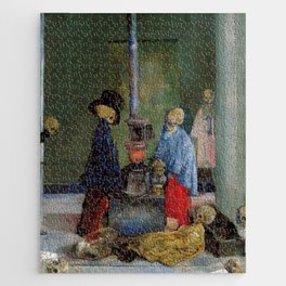 Skeletons warming themselves by old potbelly stove in abandoned factory grotesque art portrait painting by James Ensor Jigsaw Puzzle