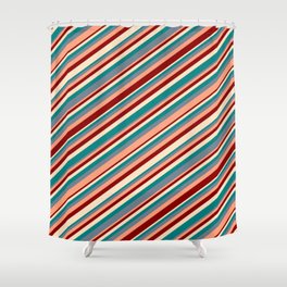 [ Thumbnail: Eye-catching Bisque, Teal, Slate Gray, Light Salmon & Dark Red Colored Stripes Pattern Shower Curtain ]