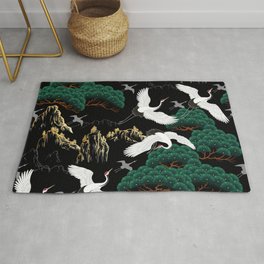 Japanese Flying Crane Wild Emerald Forest Pattern Area & Throw Rug