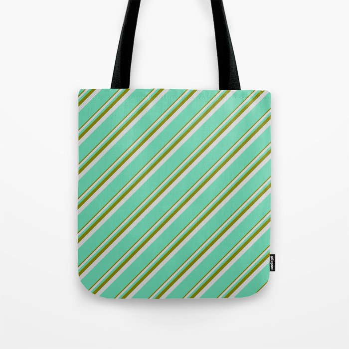 Green, Light Grey & Aquamarine Colored Lined Pattern Tote Bag