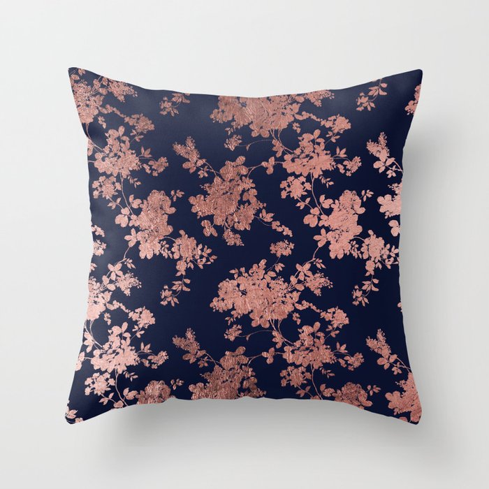 Modern elegant navy blue faux rose gold floral Throw Pillow