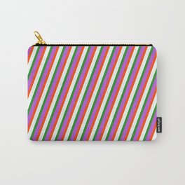 [ Thumbnail: Orchid, Red, Mint Cream, and Forest Green Colored Lines Pattern Carry-All Pouch ]