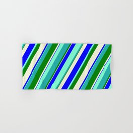 [ Thumbnail: Vibrant Aquamarine, Light Sea Green, Green, Beige, and Blue Colored Lines Pattern Hand & Bath Towel ]