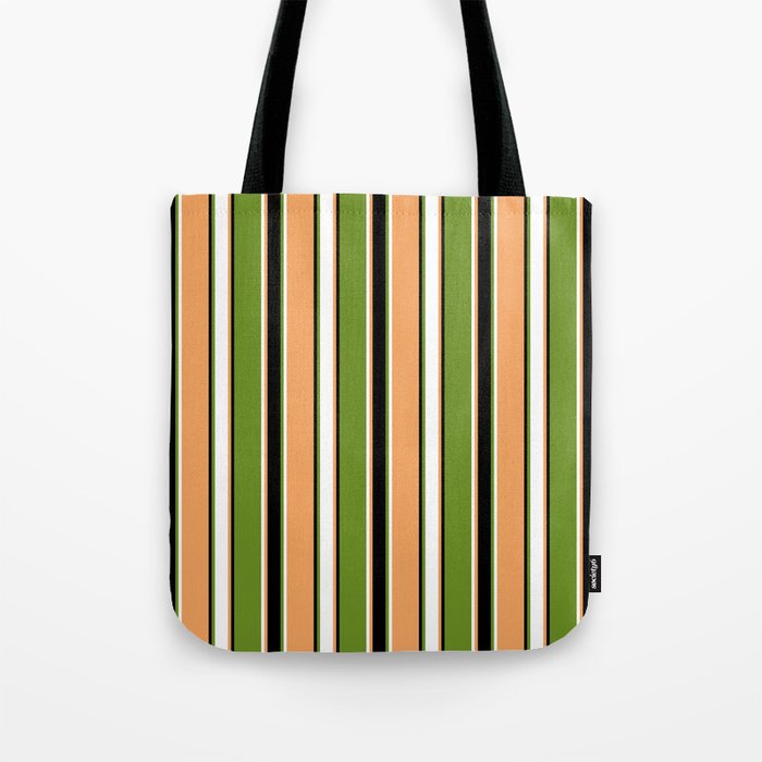 Brown, White, Green, and Black Colored Striped/Lined Pattern Tote Bag