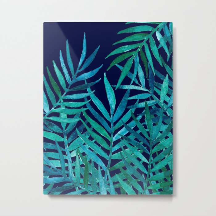 Watercolor Palm Leaves on Navy Metal Print