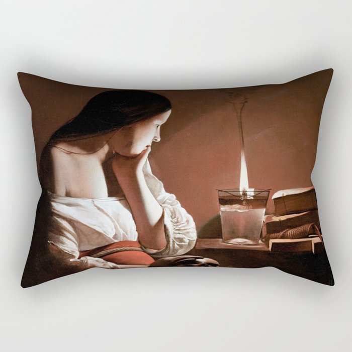 Magdalen with the Smoking Flame female staring at flame with skull of lover in hand portrait painting Rectangular Pillow