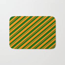 [ Thumbnail: Dark Orange and Dark Green Colored Striped/Lined Pattern Bath Mat ]