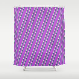 [ Thumbnail: Orchid, Tan & Teal Colored Stripes/Lines Pattern Shower Curtain ]