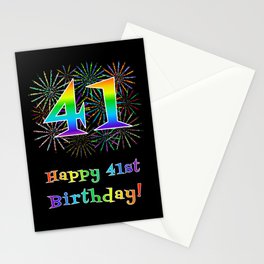 [ Thumbnail: 41st Birthday - Fun Rainbow Spectrum Gradient Pattern Text, Bursting Fireworks Inspired Background Stationery Cards ]