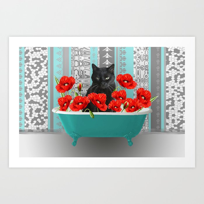 SNOKI - Black Cat Bathtub Poppies Flower Blossoms Art Print