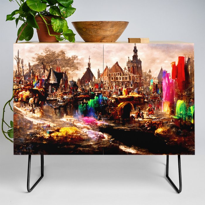 Medieval Town in a Fantasy Colorful World Credenza
