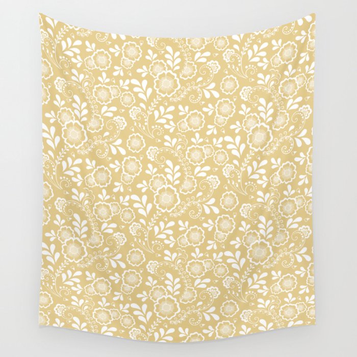 Tan And White Eastern Floral Pattern Wall Tapestry