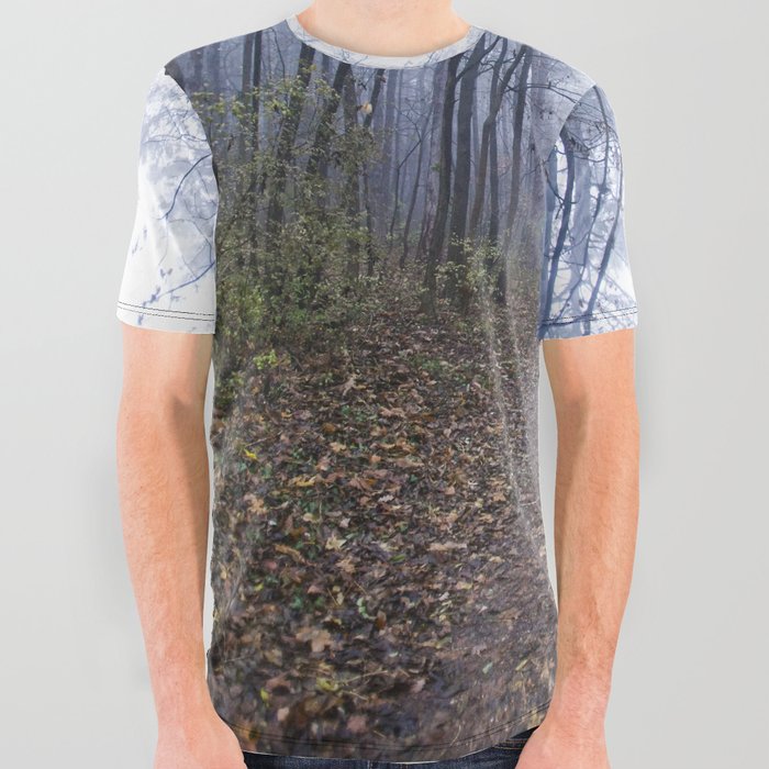 Magical foggy seasonal forest tree landscape. Lovely dreamy fairytale.  All Over Graphic Tee