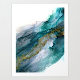 Wild Rush - abstract ocean theme in teal gray gold, marble pattern Art Print