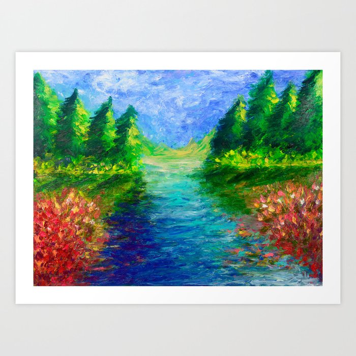 Pine trees by the river Art Print