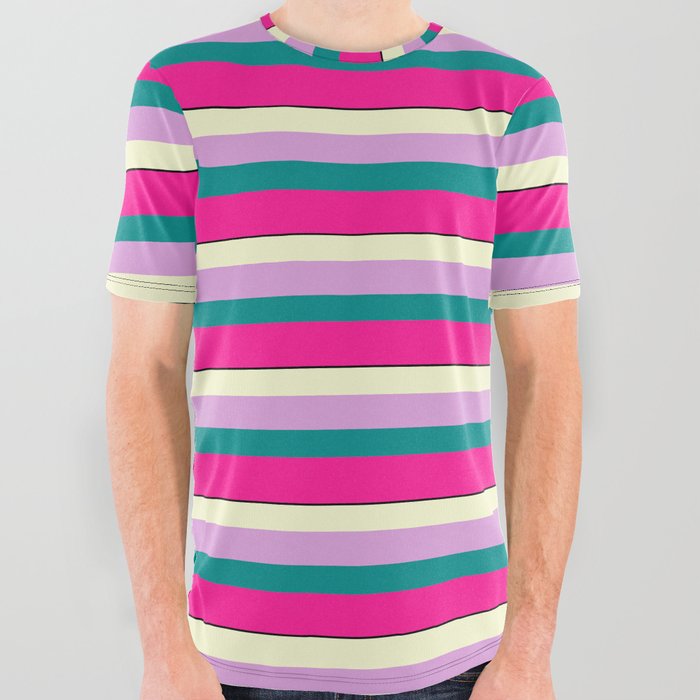 Colorful Light Yellow, Plum, Dark Cyan, Deep Pink & Black Colored Lined Pattern All Over Graphic Tee