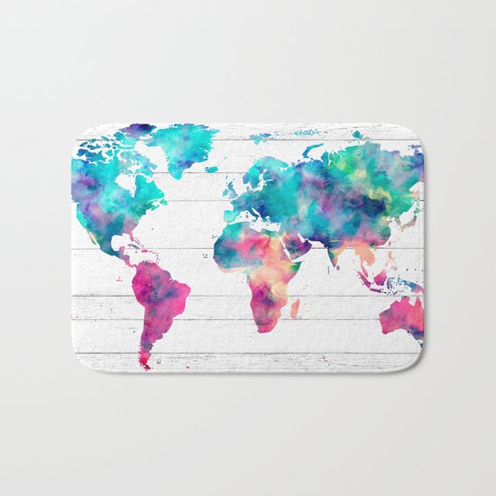 World Map Watercolor Paint on White Wood Bath Mat