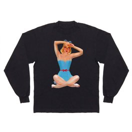 Sexy Blonde Tan Pin Up With Blue Eyes Vintage Light Blue Dress Legs Crossed Long Sleeve T-shirt