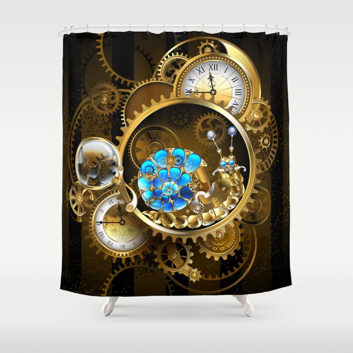Mechanical Snail with Antique Clock Shower Curtain