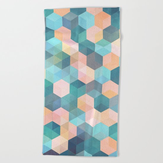 Child's Play 2 - hexagon pattern in soft blue, pink, peach & aqua Beach Towel